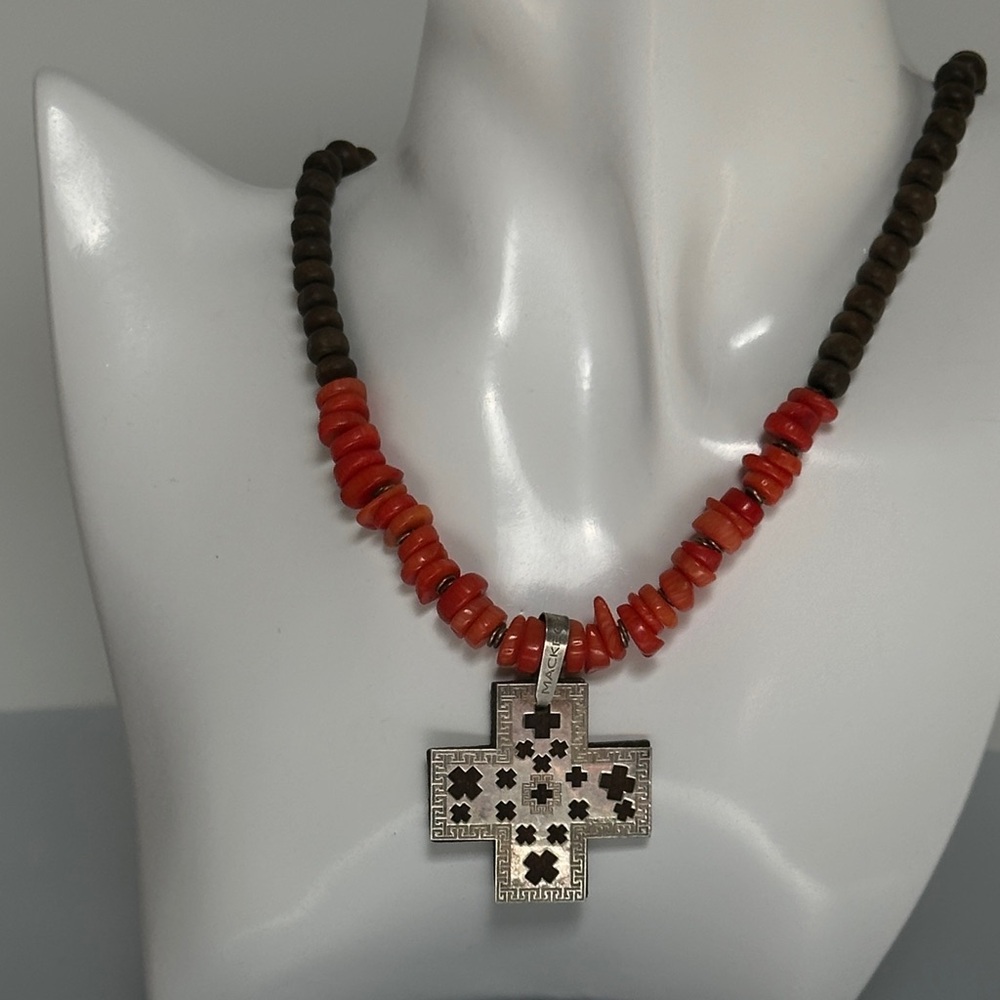 Artisan Silver and Red Coral 925 sterling silver cross necklace